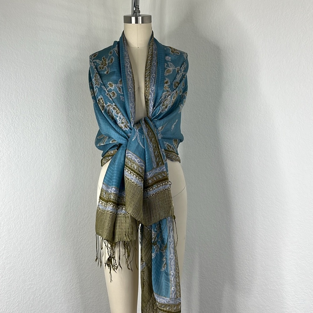 Fringe Bordered Blue and Gold Floral Shawl Scarf Wrap